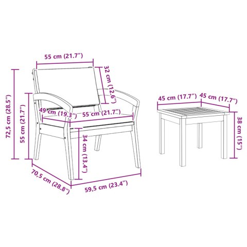 VidaXL Zestaw bistro 3-częściowy z poduszkami - Z litego drewna akacjowego