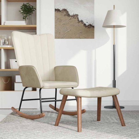 FOTEL BUJANY Z PODNÓŻKIEM KREMOWY TAPICEROWANY AKSAMITEM