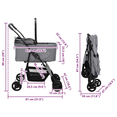 SKŁADANY WÓZEK DLA ZWIERZĄT Z REGULACJĄ SZARY 81X47X99CM