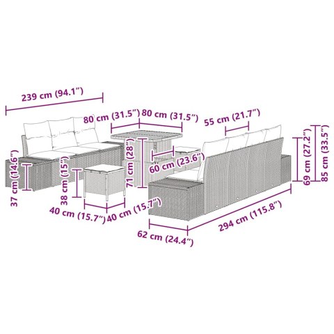 10-CZĘŚCIOWY ZESTAW SOFA OGRODOWA Z PODUSZKAMI BEŻOWY POLIRATTAN AKACJA