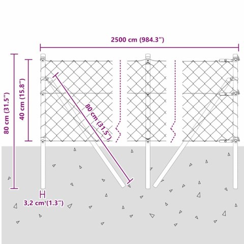 VidaXL Zestaw słupków ogrodzeniowych Szary 0.4 x 25 m