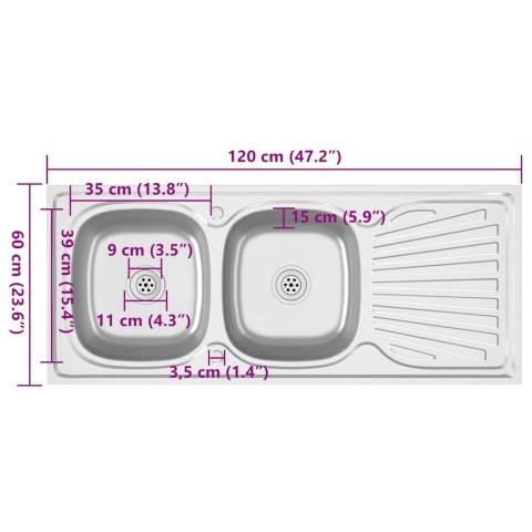 VidaXL Zlew kuchenny dwukomorowy, srebrny, 1200x600x155 mm, stal