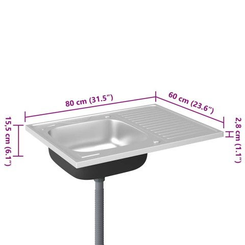 ZLEW KUCHENNY Z OCIEKACZEM SREBRNY 800X600X155MM STAL