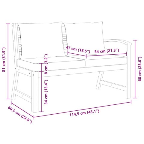 ŁAWKA OGRODOWA 114,5CM CIEMNOSZARE PODUSZKI DREWNO AKACJOWE