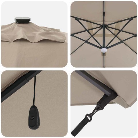 VidaXL Zaczepiony Parasol Roma z LED-ami Taupe 286 x 285 x 270 cm Aluminiowy