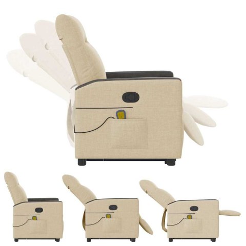 PODNOSZONY FOTEL MASUJĄCY ROZKŁADANY KREMOWY OBITY TKANINĄ