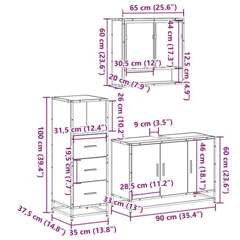 3-CZĘŚCIOWY ZESTAW MEBLI ŁAZIENKOWYCH SZARY DĄB SONOMA