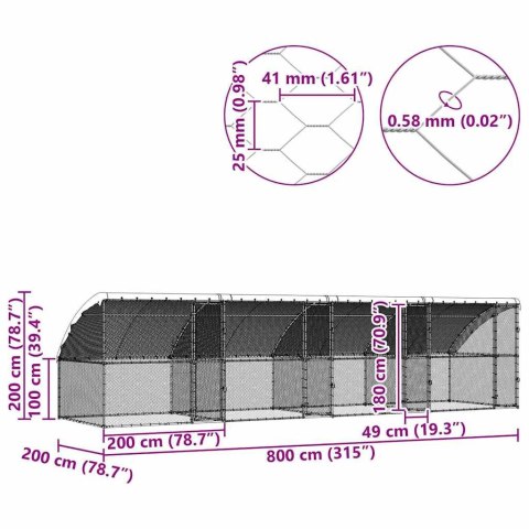 KLATKA DLA KUR SREBRNY 800X 200X 198.5CM STAL GALWANIZOWANA