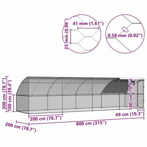 KLATKA DLA KUR SREBRNY 800X 200X 198.5CM STAL GALWANIZOWANA