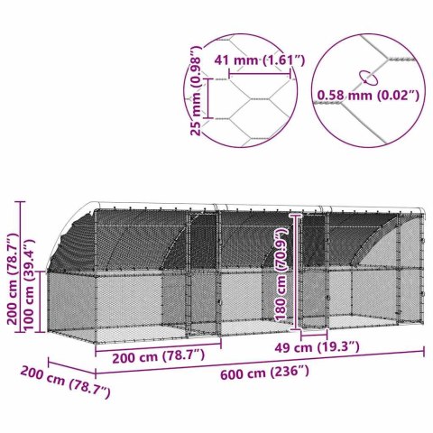 KLATKA DLA KUR SREBRNY 600X 200X 198.5CM STAL GALWANIZOWANA