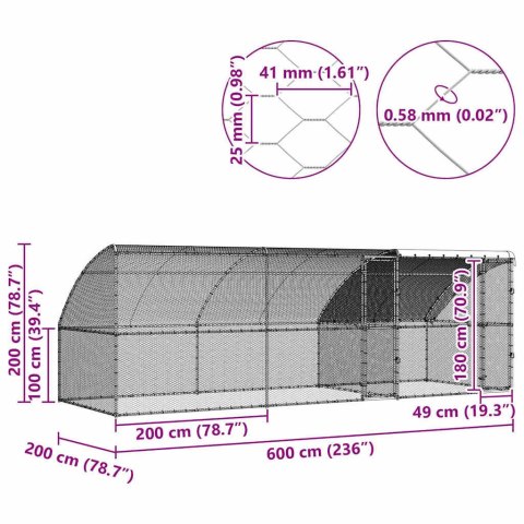KLATKA DLA KUR SREBRNY 600X 200X 198.5CM STAL GALWANIZOWANA