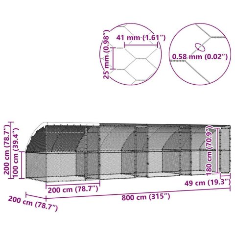 KLATKA DLA KUR SREBRNY 800X 200X 198.5CM STAL GALWANIZOWANA