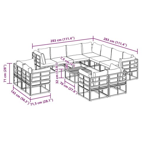 ZESTAW SOF NA OGRÓD 12 PCS CZARNY 70X 70X 32CM ALUMINIUM