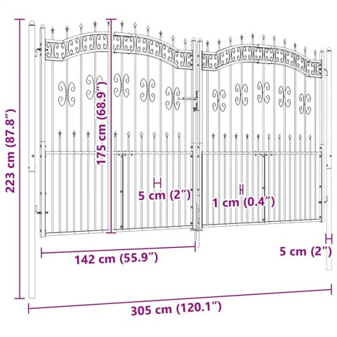 BRAMA OGRODZENIOWA Z WŁÓCZNIĄ CZARNA 305X175CM MALOWANA PROSZKOWO STAL