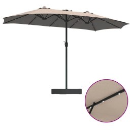 PARASOL OGRODOWY PODWÓJNY DUŻY 385CM LED KORBA SKŁADANY Z PODSTAWĄ TAUPE