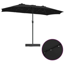 PARASOL OGRODOWY PODWÓJNY DUŻY 385CM LED KORBA SKŁADANY CZARNY Z PODSTAWĄ