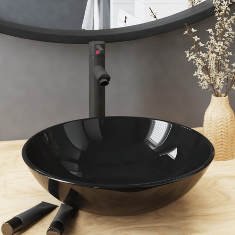 UMYWALKA ŁAZIENKOWA Z KRANEM I KORKIEM CZARNA SZKŁO HARTOWANE