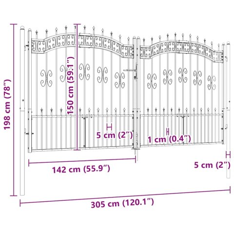 BRAMA OGRODZENIOWA Z WŁÓCZNIĄ CZARNA 305X150CM MALOWANA PROSZKOWO STAL