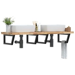 PÓŁKA ŚCIENNA POD UMYWALKĘ PODWÓJNA STAL I LITE DREWNO AKACJOWE