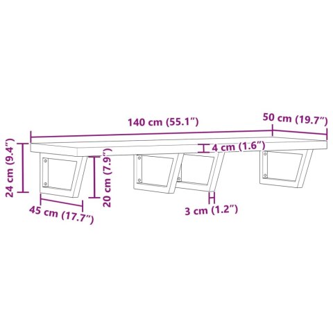 PÓŁKA ŚCIENNA POD UMYWALKĘ PODWÓJNA STAL I LITE DREWNO AKACJOWE