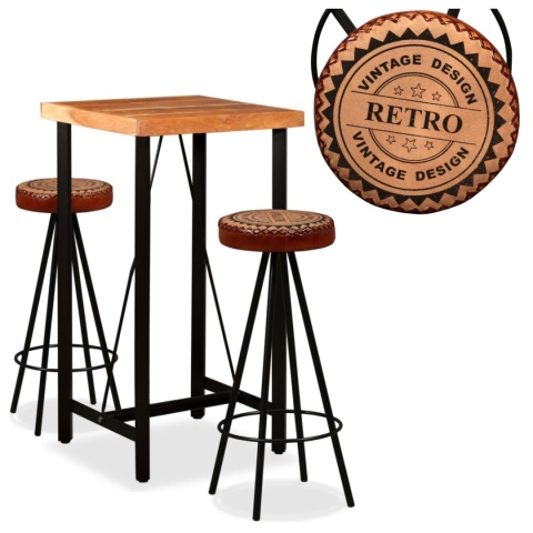ZESTAW 3 MEBLI BAROWYCH LITE DREWNO AKACJOWE SKÓRA RETRO VINTAGE