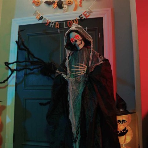ŻNIWIARZ GRIM REAPER DEKORACJA HALLOWEEN 155 CM CZARNY LED DŹWIĘKI I RUCH