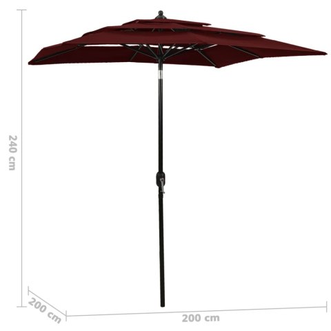 3-POZIOMOWY PARASOL NA ALUMINIOWYM SŁUPKU BORDOWY 2X2M