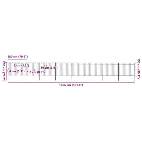 VidaXL Ogrodzenie ogrodowe z obręczą stalową 1426x150 cm, czarne