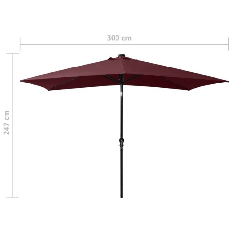 PARASOL Z LAMPKAMI LED NA STALOWYM SŁUPKU BORDO 2X3 M