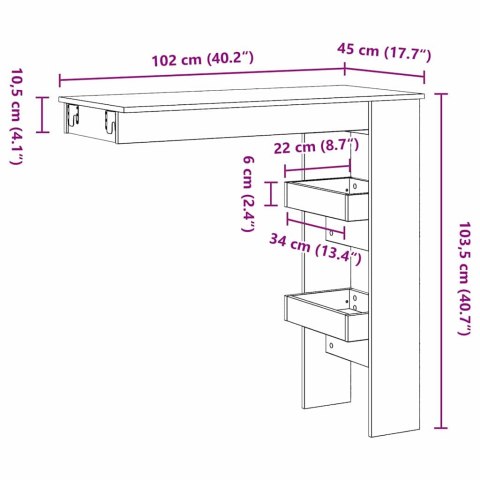 STÓŁ BAROWY ŚCIENNY Z PÓŁKĄ CZARNY DĄB 102X55X103.5CM