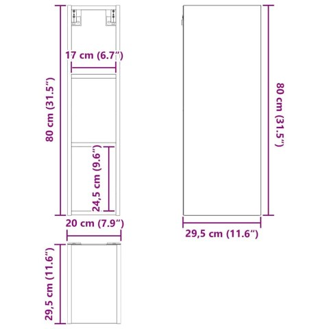 VidaXL Szafka wisząca z półką Riga Szary Sonoma 20 x 29,5 x 80 cm
