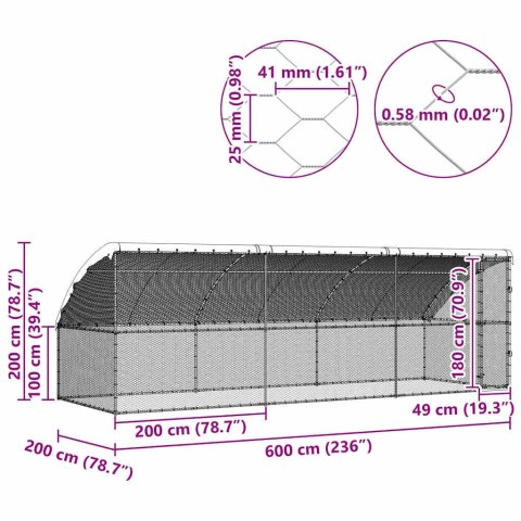 KLATKA DLA KUR SREBRNY 600X200X198.5CM STAL GALWANIZOWANA