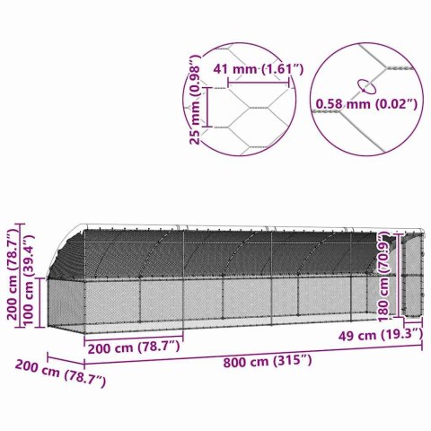 KLATKA DLA KUR SREBRNY 800X200X198.5CM STAL GALWANIZOWANA