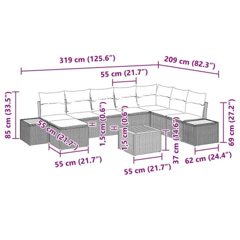 ZESTAW SOF NA OGRÓD Z PODUSZKĄ 9 SZT. SZARY POLIRATTAN