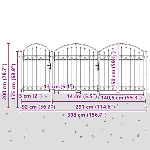 VidaXL Brama ogrodowa z łukowym szczytem Szary 400 x 100 cm Stal