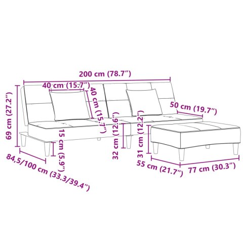 VidaXL 2-os. kanapa rozkładana z podnóżkiem, niebieska, aksamitna