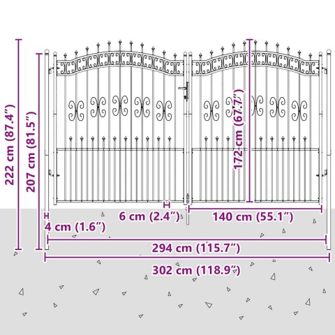 VidaXL Bramka ogrodzeniowa z ostrym szczytem Szary 305 x 175 cm Stal