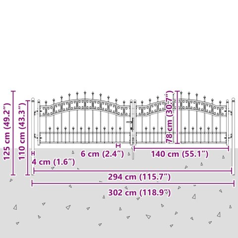 VidaXL Bramka ogrodzeniowa z ostrym szczytem Szary 305 x 75 cm Stal