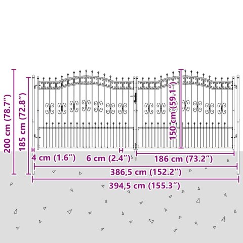 VidaXL Bramka ogrodzeniowa z ostrym szczytem Szary 404 x 150 cm Stal