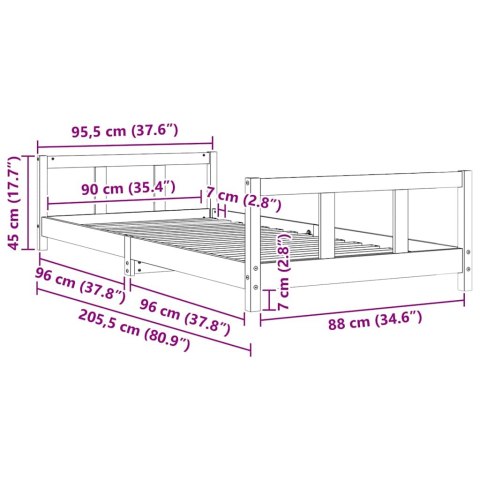 RAMA ŁÓŻKA DLA DZIECI BIAŁA 90X200CM DREWNO SOSNOWE