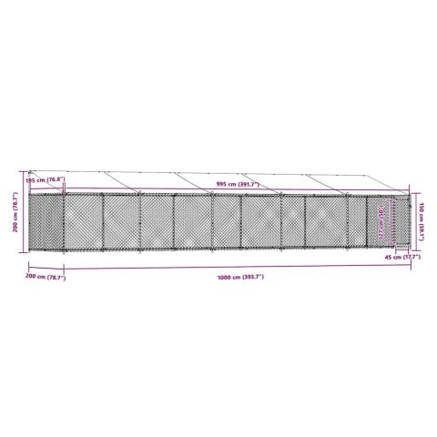 VidaXL Klatka dla psa, z dachem i drzwiami, szara, 10x2x2 m, stal