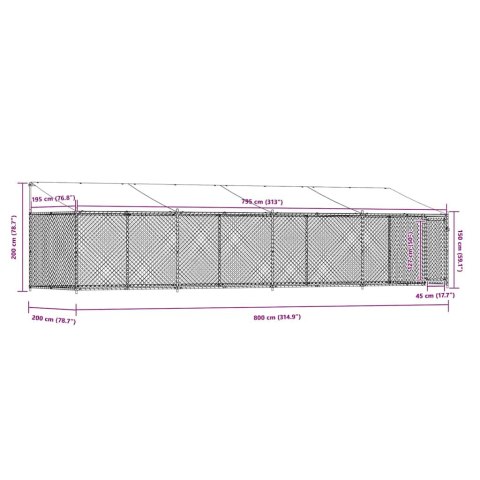 VidaXL Klatka dla psa, z dachem i drzwiami, szara, 8x2x2 m, stal