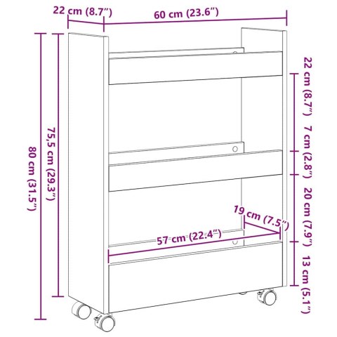 VidaXL Wąski Wózek do Przechowywania Czarny Dąb 60 x 22 x 80 cm