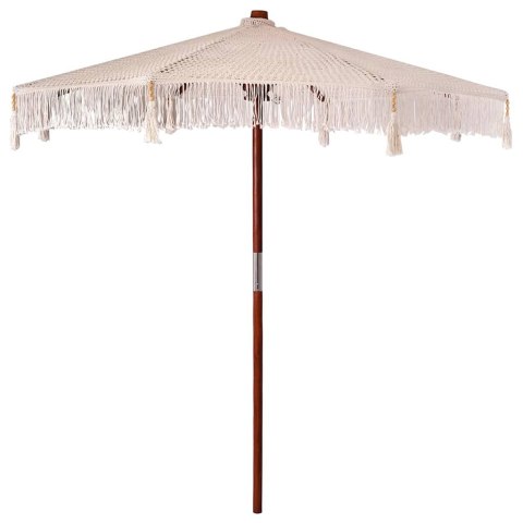 RĘCZNIE ROBIONY PARASOL MAKRAMA BOHO KREMOWY 252 CM TEAK I BAWEŁNA