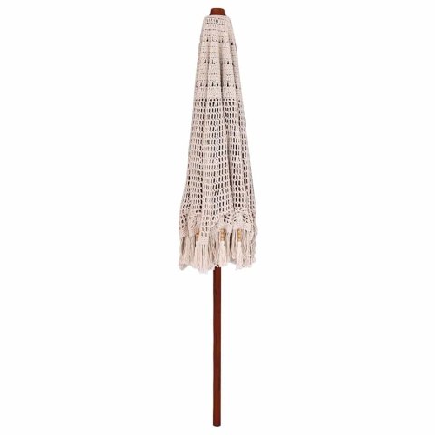 RĘCZNIE ROBIONY PARASOL MAKRAMA BOHO KREMOWY 252 CM TEAK I BAWEŁNA