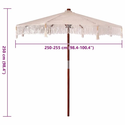 RĘCZNIE ROBIONY PARASOL MAKRAMA BOHO KREMOWY 252 CM TEAK I BAWEŁNA