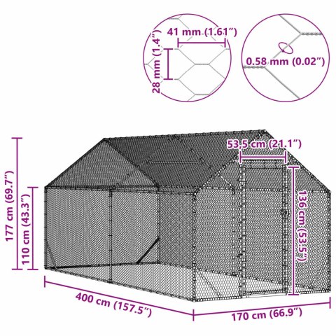 KLATKA DLA KUR SREBRNY 400X170X177CM STAL GALWANIZOWANA