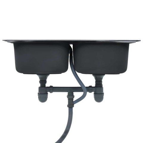 VidaXL Zlew kuchenny z sitkiem i syfonem, podwójny, stal nierdzewna