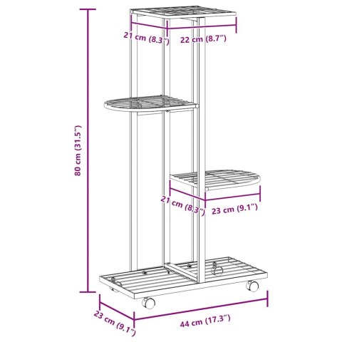 KWIETNIK Z 4 PÓŁKAMI I KÓŁKAMI 44X23X80CM CZARNY ŻELAZNY