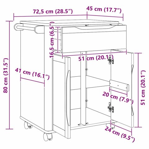 WÓZEK KUCHENNY BIAŁY 72,5X45X80CM LITE DREWNO SOSNOWE